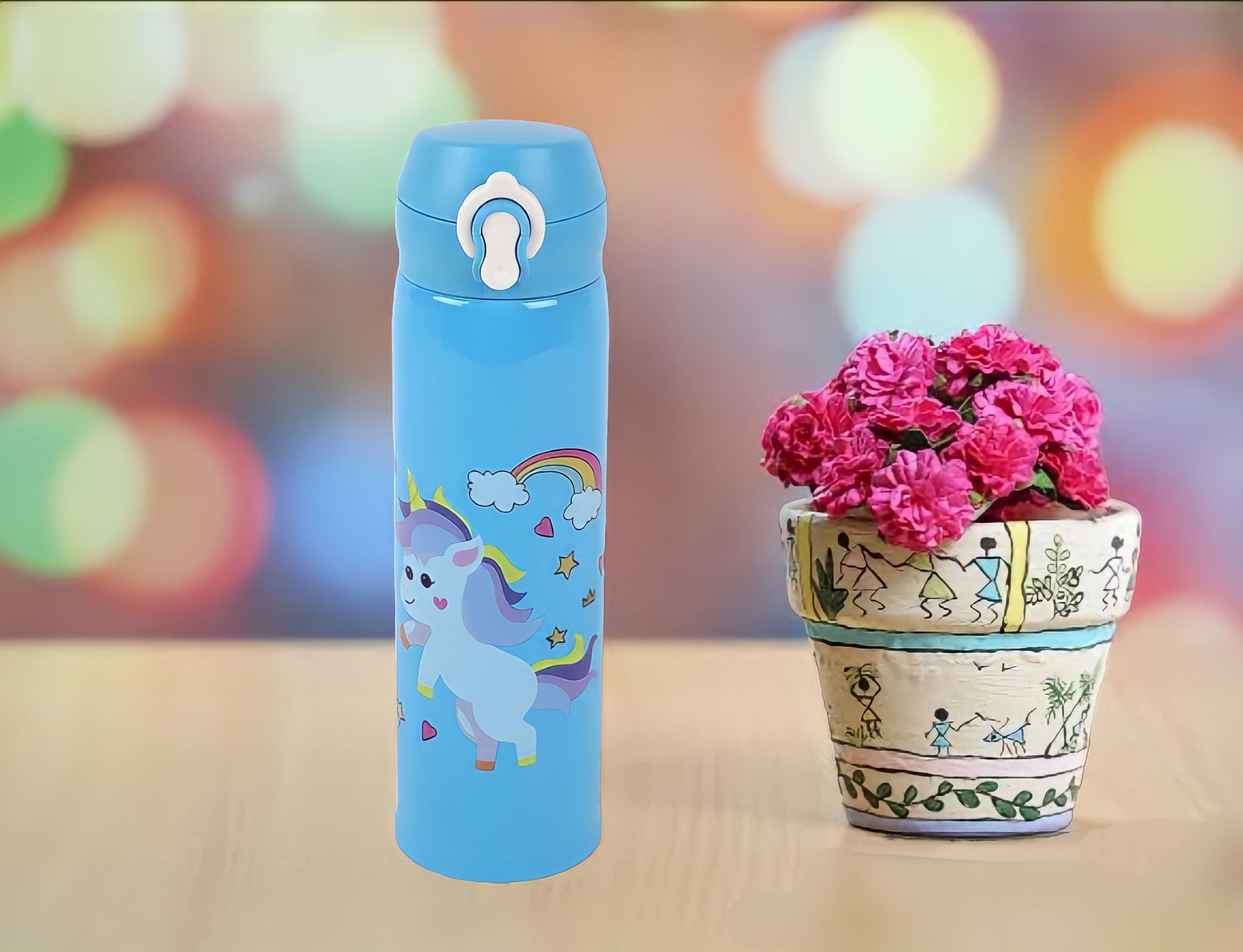 Stainless Steel Cartoon Cute Unicorn Water Bottle for Kids Hot and Cold  Water Bottle 500ml - Blue Color - Fingo Brain