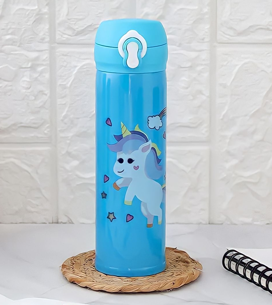 Stainless Steel Cartoon Cute Unicorn Water Bottle for Kids Hot and Cold  Water Bottle 500ml - Blue Color - Fingo Brain